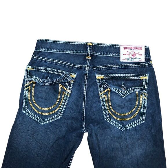 Rare True Religion Jeans Size 34 STRAIGHT YELLOW STITCH Blue - Picture 2 of 13